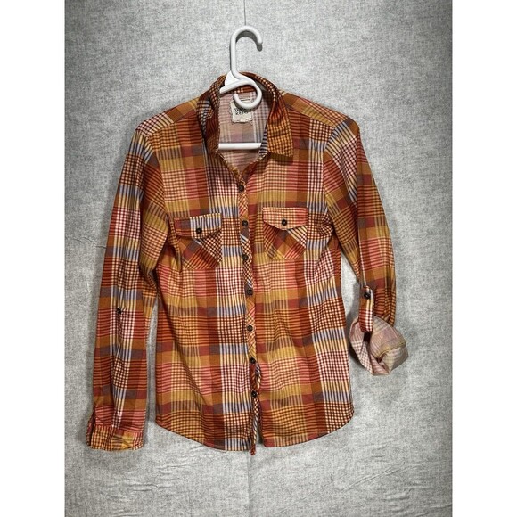 Modish Rebel Women Size  Medium Orange Pink Plaid Button-Up Shirt - Picture 1 of 7